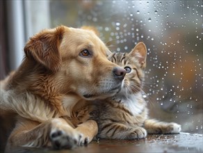 Bad weather, dog and cat looking sadly outside through a rainy window pane, AI generated