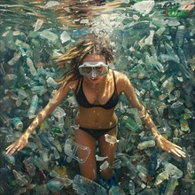 Diver underwater, stretched in a sea of plastic waste, AI generated