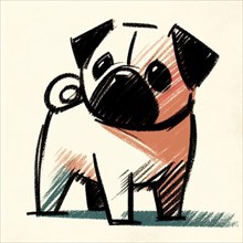 A cute caricature sketch of a pug on a beige backdrop, AI generated