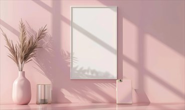 A blank image frame mockup on a soft blush pink wall in a minimalistic modern interior room AI