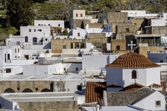 View of the white houses of Lindos, Rhodes, Dodecanese archipelago, Greek Islands, Greece, Europe