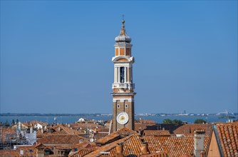 View over the roofs of Venice to the church tower of the Chiesa Parrocchiale dei Santi Apostoli,