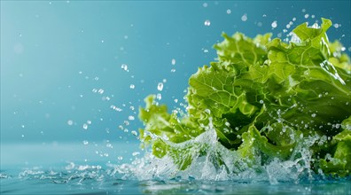 Fresh bunch of romaine lettuce floating in water. A concept of vegetarian lifestyle and vegetarian