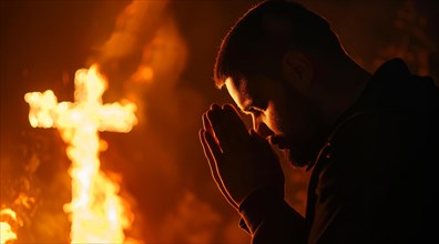 Devout faithful christian prays in front of the cross that is burning, AI generated