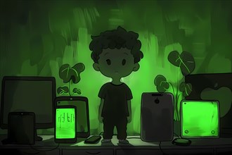 Young boy with various devices glowing in green in a dark bedroom setting, 3D, illustration, AI