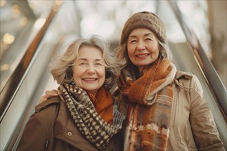 Two senior women friends smiling and riding an escalator in winter clothing, AI generated