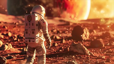 View from behind of an astronaut looking out over a harsh, red landscape, AI generated