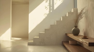 Staircase in a minimalist setting with sunlight casting shadows, dried flowers in a vase nearby, AI