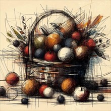 Colorful abstract drawing of a fruit basket with dynamic lines and spherical shapes, AI generated