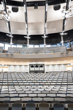 View from the lectern onto rows of seats in an empty lecture theatre, interior view, Department of