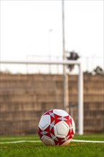 Soccer ball on the grass in front of the field. View from the ground of a soccer ball in front of