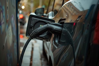 Plug charging electric black car. KI generiert, generiert, AI generated