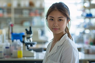 Asian female scientist in laboratory. KI generiert, generiert, AI generated