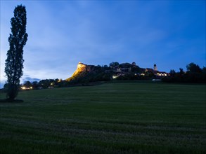 Illuminated Riegersburg Castle, night view, Styrian volcanic region, Styria, Austria, Europe