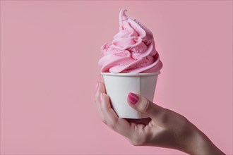 Hand holding pink ice cream in cup. KI generiert, generiert, AI generated