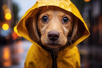Cute dog in yellow raincoat in street during rain. KI generiert, generiert, AI generated
