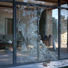 Close-up of a destroyed patio door, with a focus on the pieces of glass, burglary, burglar, home
