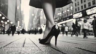 Black and white image of high heels in motion on a bustling city street at night, AI generated