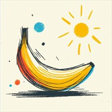 Playful sketch of a banana with the sun and colorful accents, AI generated