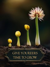 Flowers emerging from soil beside a sign with an inspirational message on a dark background, AI