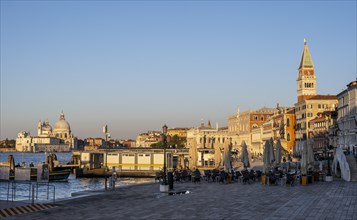 Campanile bell tower and Doge's Palace at sunrise, waterfront promenade, Venice, Veneto, Italy,