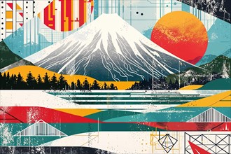 A tranquil landscape with the majestic Mount Fuji towering in the distance, flanked by geometric