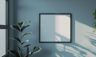 A blank image frame mockup on a pale gray-blue wall in a minimalistic modern interior room AI