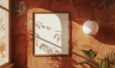 A blank image frame mockup on a terracotta wall AI generated