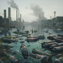 Industrial area in fog with polluted water and protruding barrels, environmental pollution,
