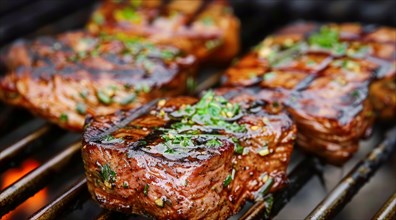 Delicious juicy beef steak is being grilled on a hot grill with flames and smoke surrounding it, AI