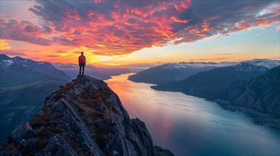 A man stands on a mountain top overlooking a beautiful lake. Concept of personal success, AI