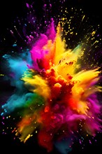 Rainbow-colored holi powder explosively dispersing against a black background, AI generated
