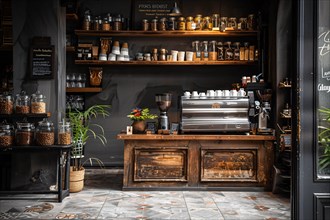 Hipster coffee shop with wooden shelves and an assortment of coffee beans, AI generated
