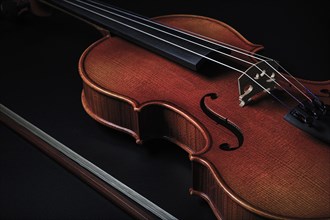 Side view of a violin focussing on the structure and the strings against a dark background