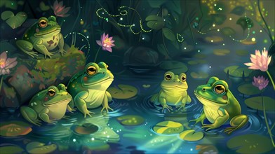 Multiple frogs on lily pads at night, with an enchanting glow from fireflies, AI generated