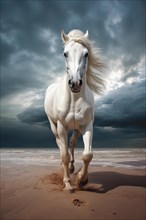 White horse running on a sandy beach, AI generated