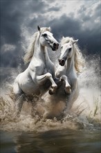 White stallion horses fighting in the water, AI generated
