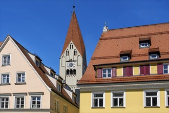 Tiled roofs with dormers and the tower of the monastery church, Kaufbeuern, Allgaeu, Swabia,