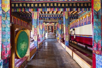 Dukhang, prayer and meeting room, Diskit Monastery, near Hunder, Nubra Valley, Ladakh, Jammu and