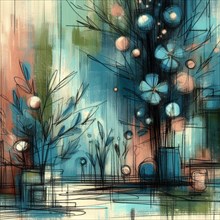 Abstract art of stylized trees with ornamental orbs in calming blues, AI generated