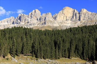 Sunshine illuminates a dense forest in front of high rocky mountain peaks, Trentino-Alto Adige,