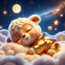 Blissful animated bear cub in a golden jacket sleeping on clouds with stars and a moon above, AI
