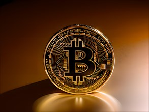 Symbol image for Bitcoin, cryptocurrency, close-up, golden coin in front of blurred background, AI