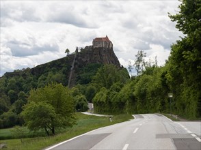 Road leading to Riegersburg Castle, Riegersburg Castle in the background, Styrian volcanic country