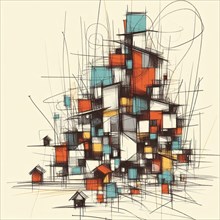 Chaotic line art of a modern, colorful abstract building, AI generated