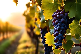 AI generated sunrise over a lush vineyard during fall with grapes glistening in the sun