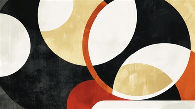 Bold abstract with high contrast between black, white, and gold circles on a geometric background,