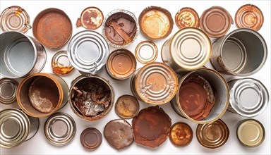 Symbol photo, many empty tin cans, partly crushed, rusty, dirty, on a white background, AI