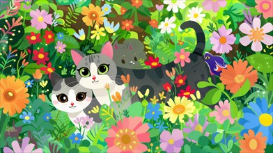 Playful illustration of cats hiding in a colorful flower garden, AI generated