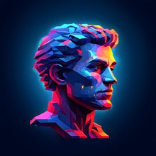 AI generated male human head digitalised in pixel art style presenting a mosaic of vibrant hues in